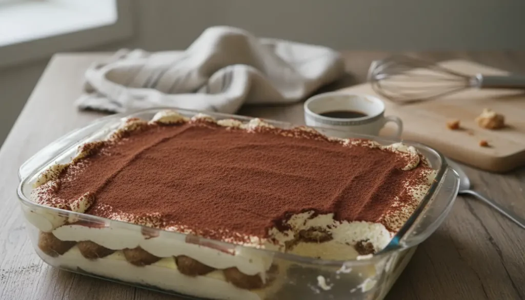 Tiramisu au café maison saupoudré de cacao dans un plat en verre