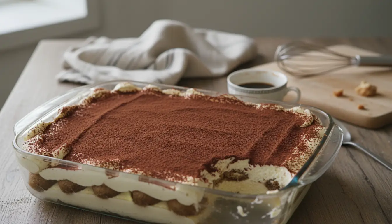 Tiramisu au café maison saupoudré de cacao dans un plat en verre