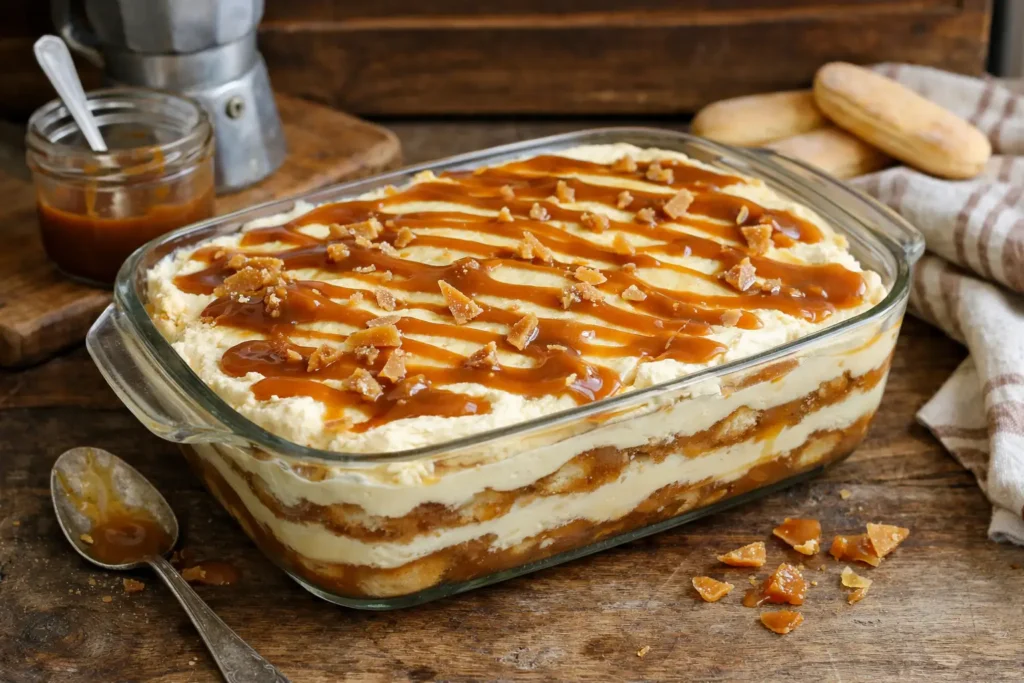 Tiramisu au caramel beurre salé maison, dessert crémeux sans cuisson dans un plat en verre