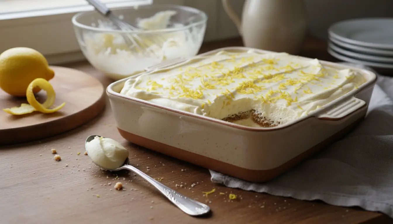Tiramisu au citron maison dans un plat rectangulaire, crème mascarpone onctueuse et zestes de citron frais
