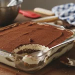 Tiramisu chocolat maison dans un plat en verre, avec couches de biscuits imbibés et crème mascarpone, saupoudré de cacao