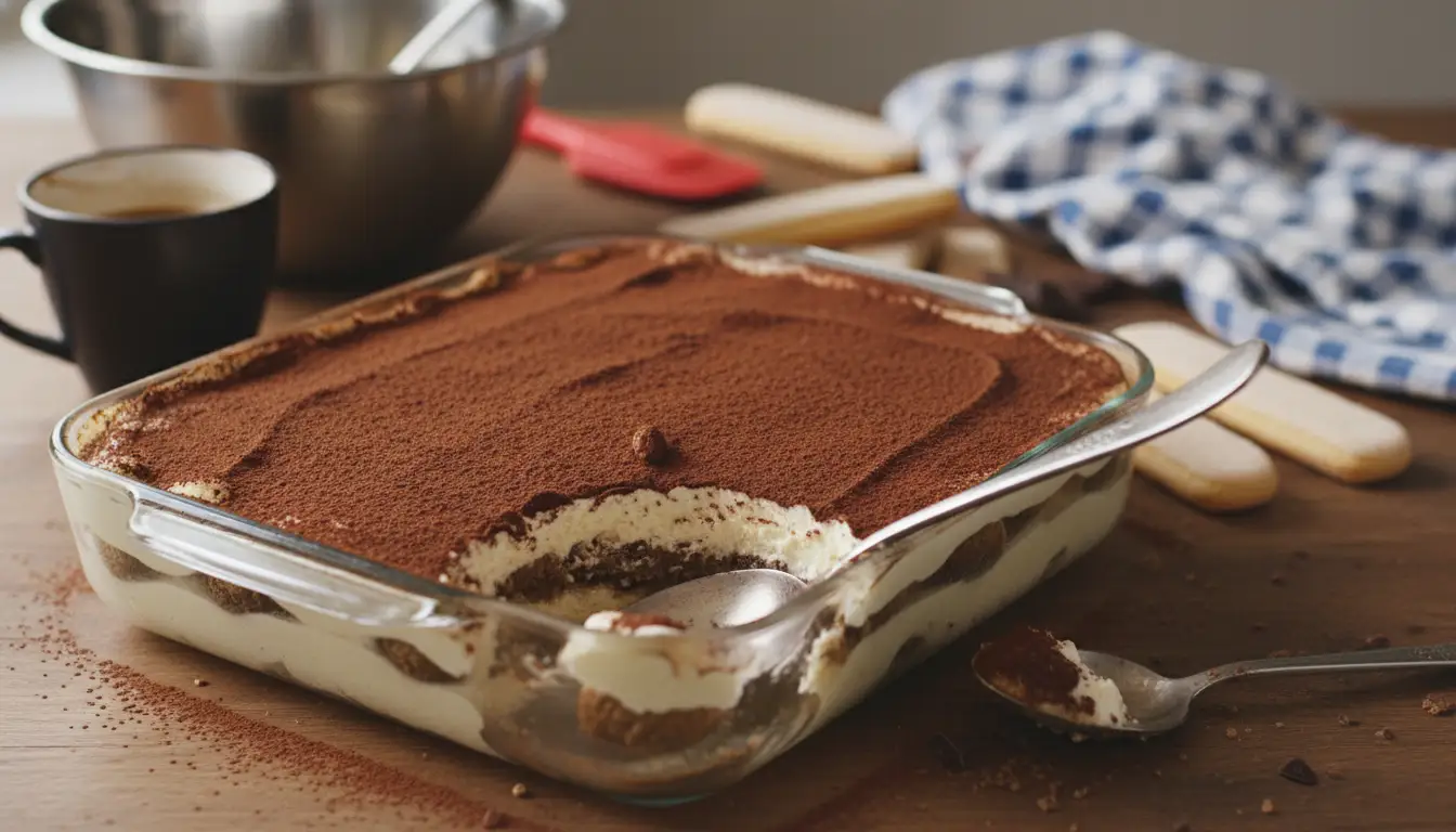 Tiramisu chocolat maison dans un plat en verre, avec couches de biscuits imbibés et crème mascarpone, saupoudré de cacao