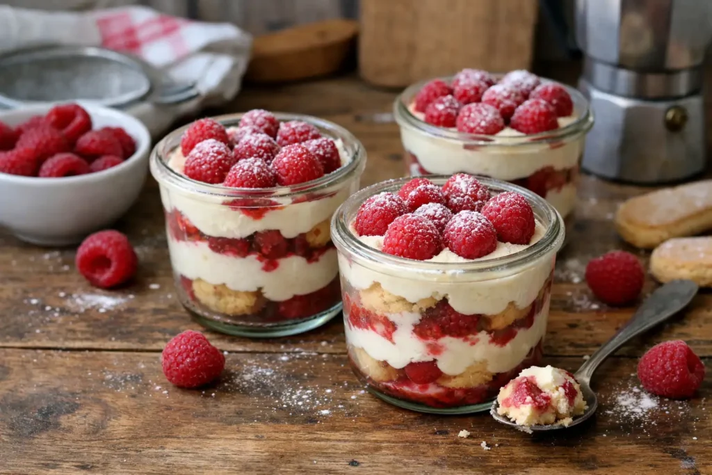 Tiramisu framboise maison en verrine, dessert italien sans cuisson au mascarpone et framboises
