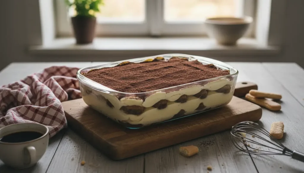 Tiramisu italien traditionnel dans un plat en verre, avec couches de biscuits imbibés de café et crème mascarpone, saupoudré de cacao sur une table rustique.