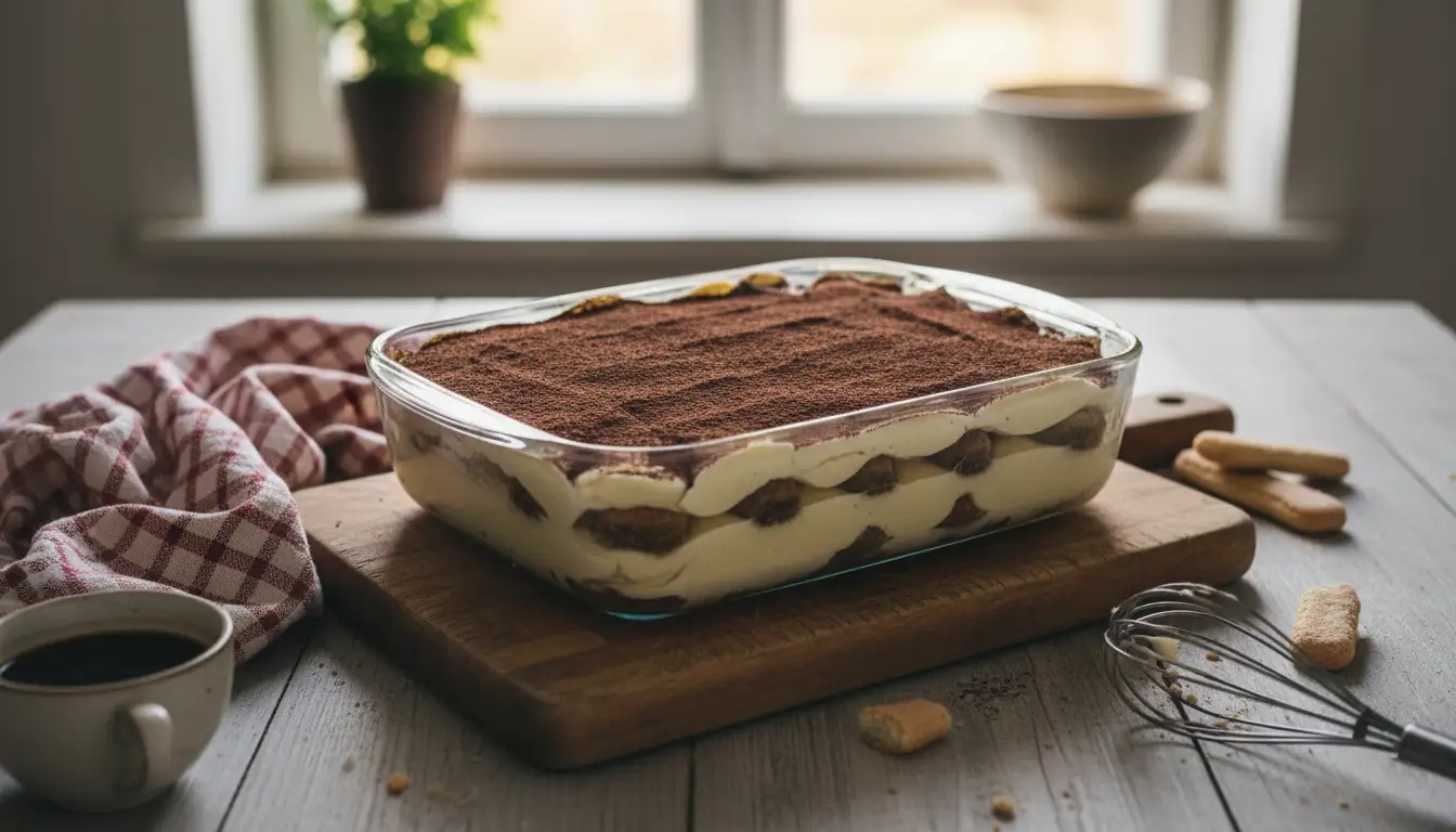 Tiramisu italien traditionnel dans un plat en verre, avec couches de biscuits imbibés de café et crème mascarpone, saupoudré de cacao sur une table rustique.