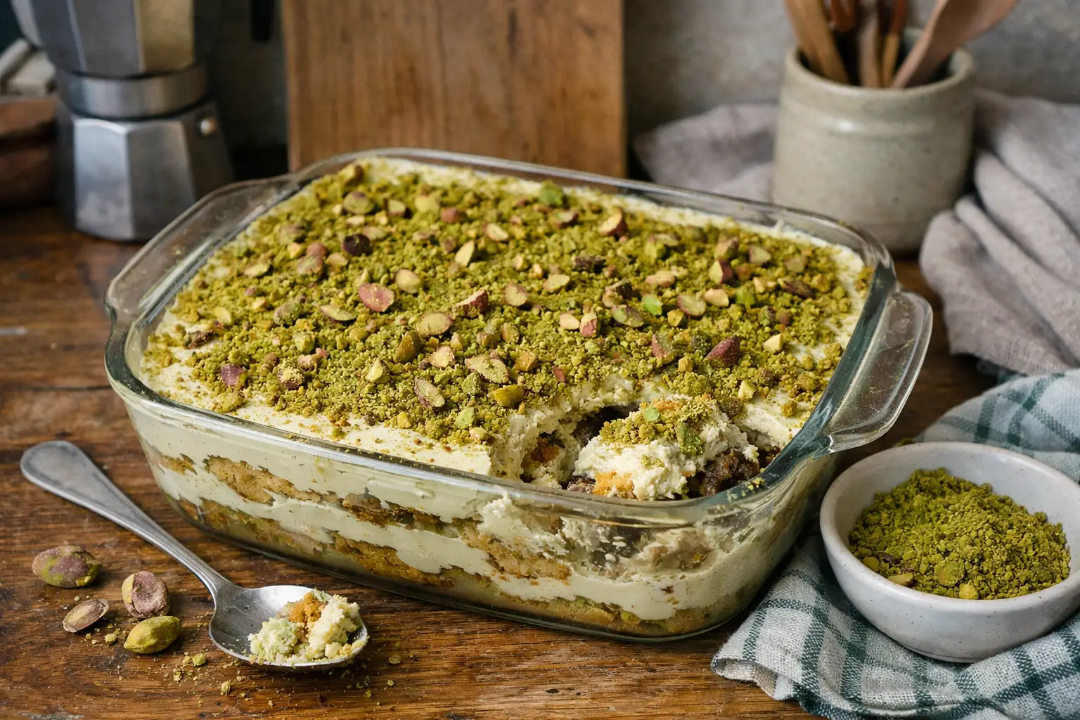 Tiramisu pistache maison crémeux au mascarpone et pistaches concassées