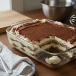 Tiramisu sans œuf maison dans un plat en verre, saupoudré de cacao, avec couches crémeuses et biscuits imbibés de café