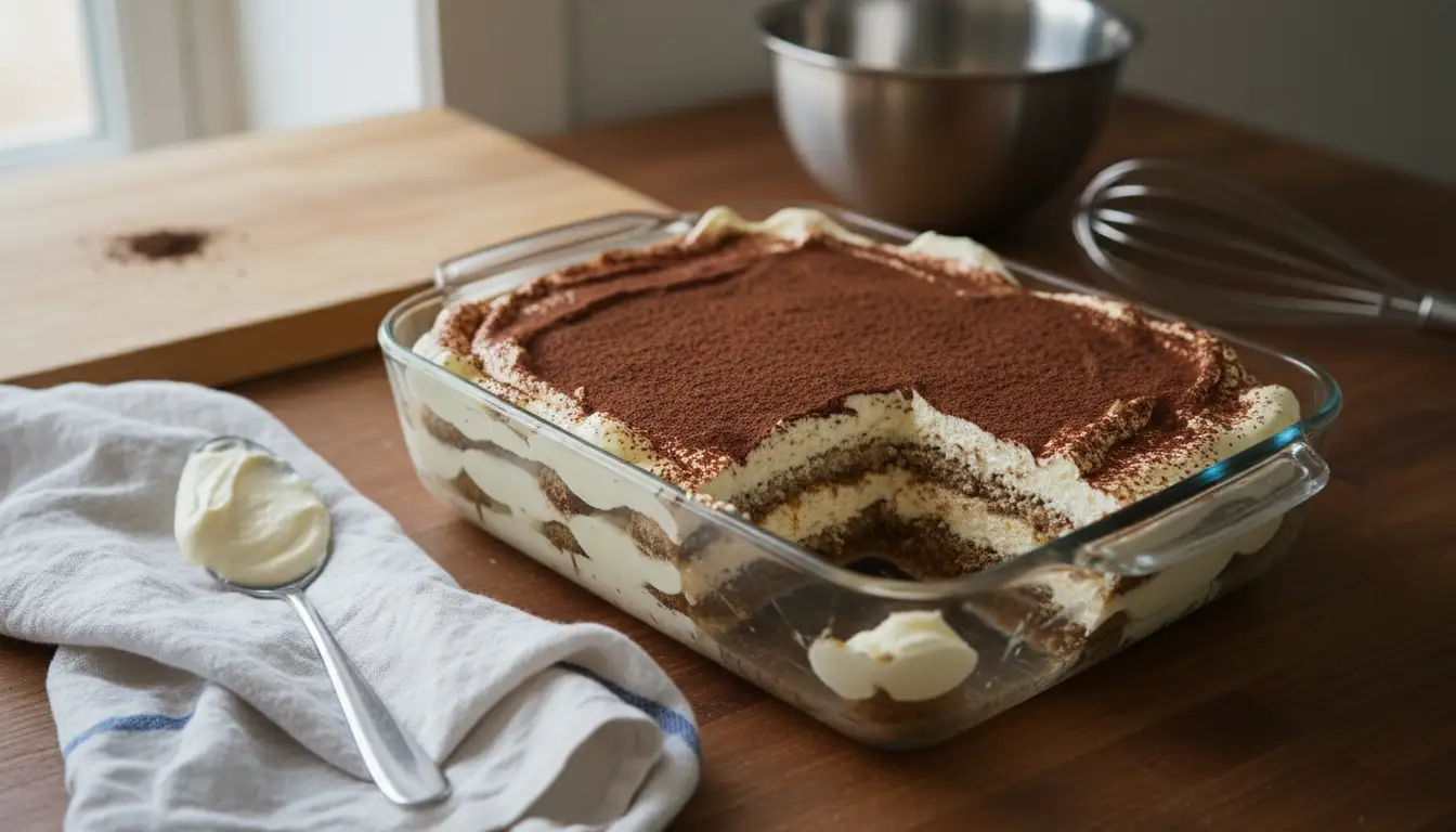 Tiramisu sans œuf maison dans un plat en verre, saupoudré de cacao, avec couches crémeuses et biscuits imbibés de café