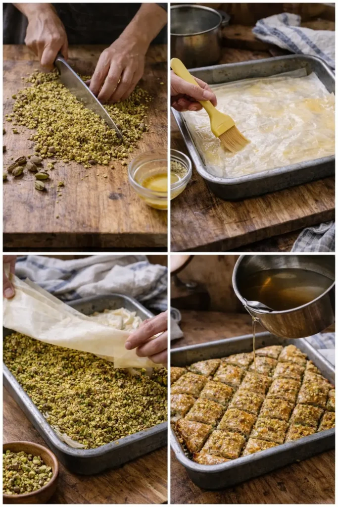 étapes pour baklava aux pistaches maison croustillant au miel et pâte filo
