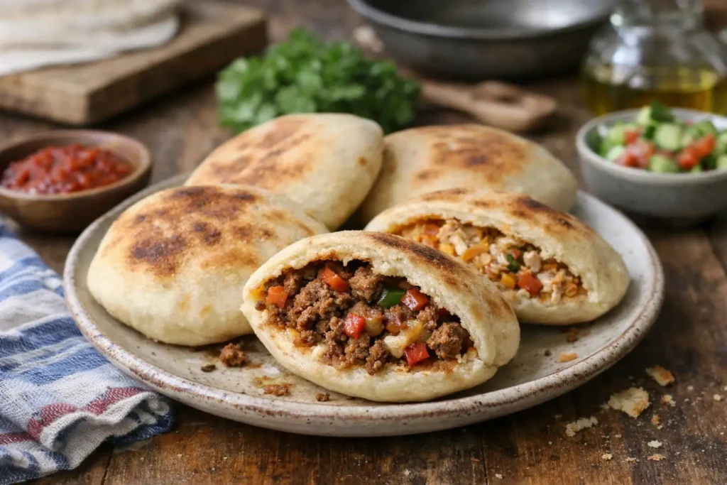 Batbout farci marocain maison, pain moelleux cuit a la poele et garni de viande hachee et legumes