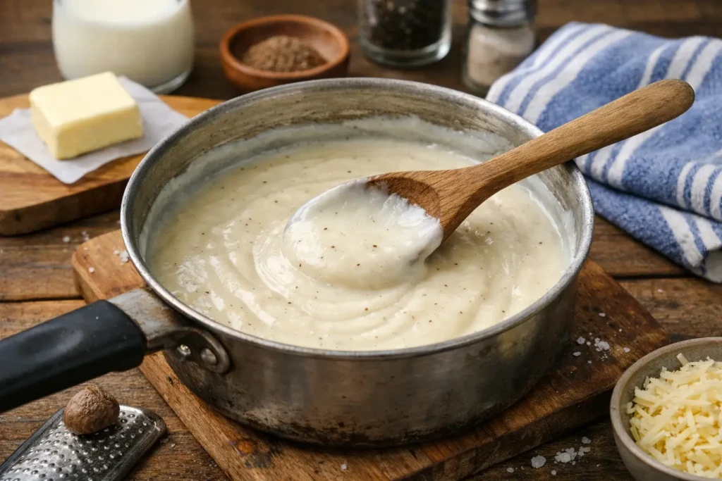 Recette béchamel facile maison dans une casserole, sauce béchamel onctueuse et sans grumeaux pour lasagnes et gratins