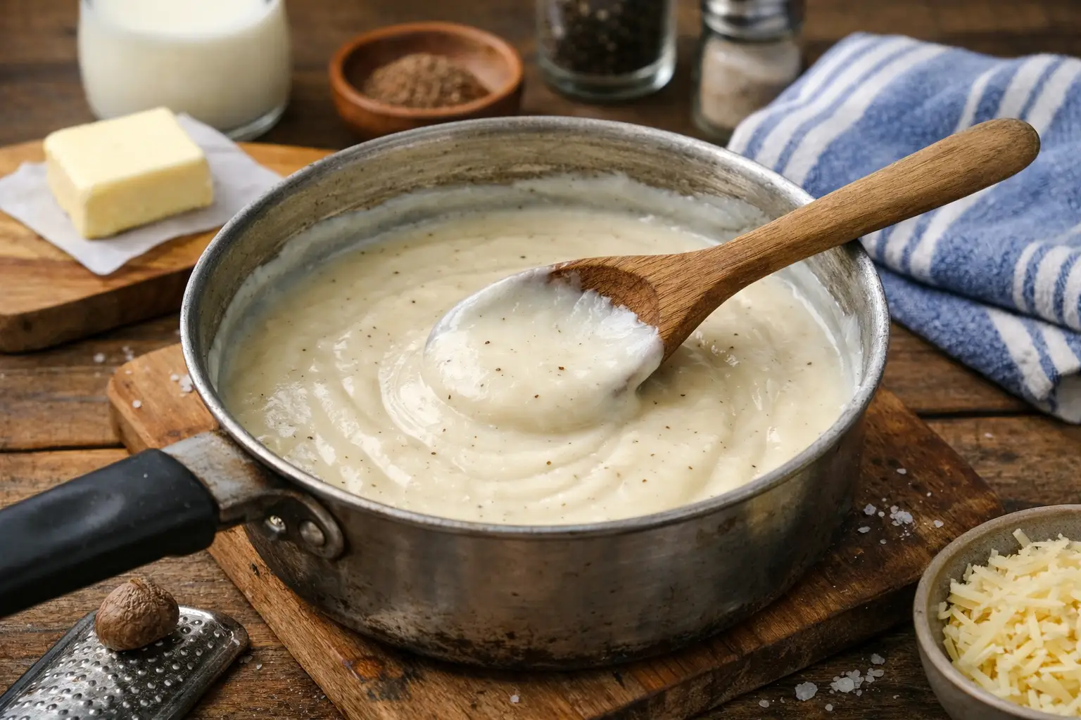 Recette béchamel facile maison dans une casserole, sauce béchamel onctueuse et sans grumeaux pour lasagnes et gratins