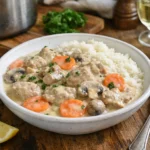 Blanquette de veau traditionnelle maison avec viande fondante, carottes, champignons et sauce onctueuse au vin blanc