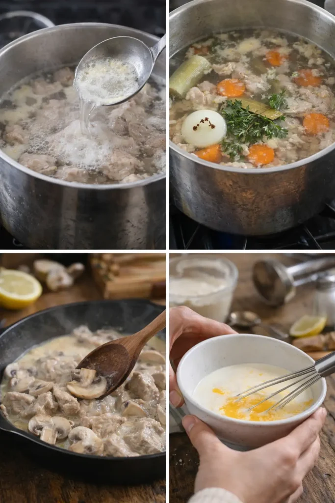 les étapes pour blanquette de veau traditionnelle maison avec viande fondante, carottes, champignons et sauce onctueuse au vin blanc