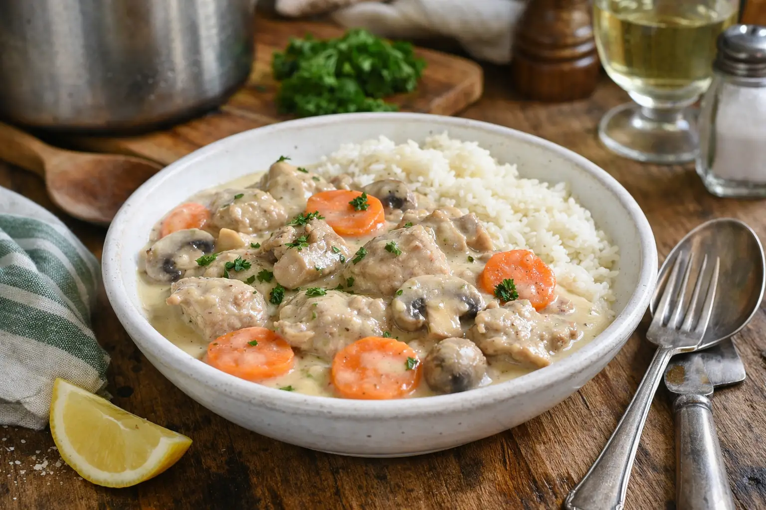 Blanquette de veau traditionnelle maison avec viande fondante, carottes, champignons et sauce onctueuse au vin blanc