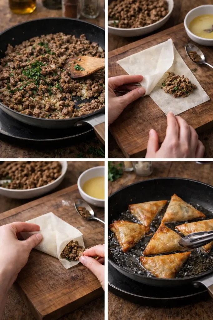 étapes pour bricks à la viande hachée croustillantes préparées avec feuilles de brick dorées et farce maison