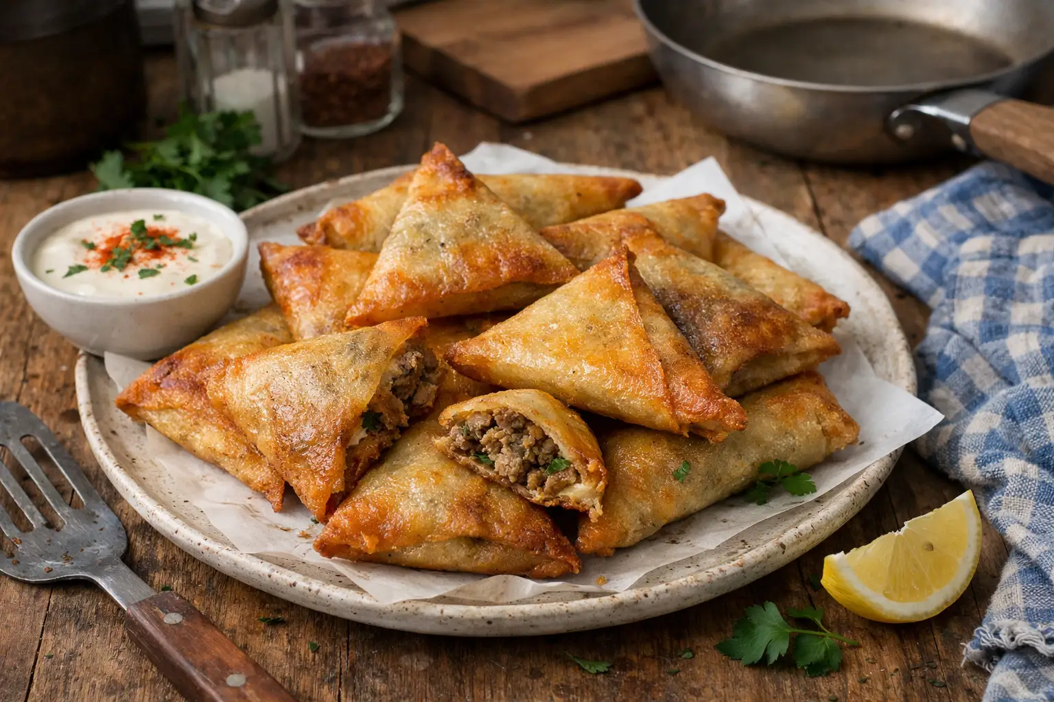 Bricks à la viande hachée croustillantes préparées avec feuilles de brick dorées et farce maison