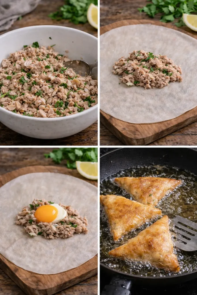 étapes pour bricks au thon et à l'oeuf croustillantes faites maison, dorées et garnies de thon et oeuf, recette maghrébine traditionnelle