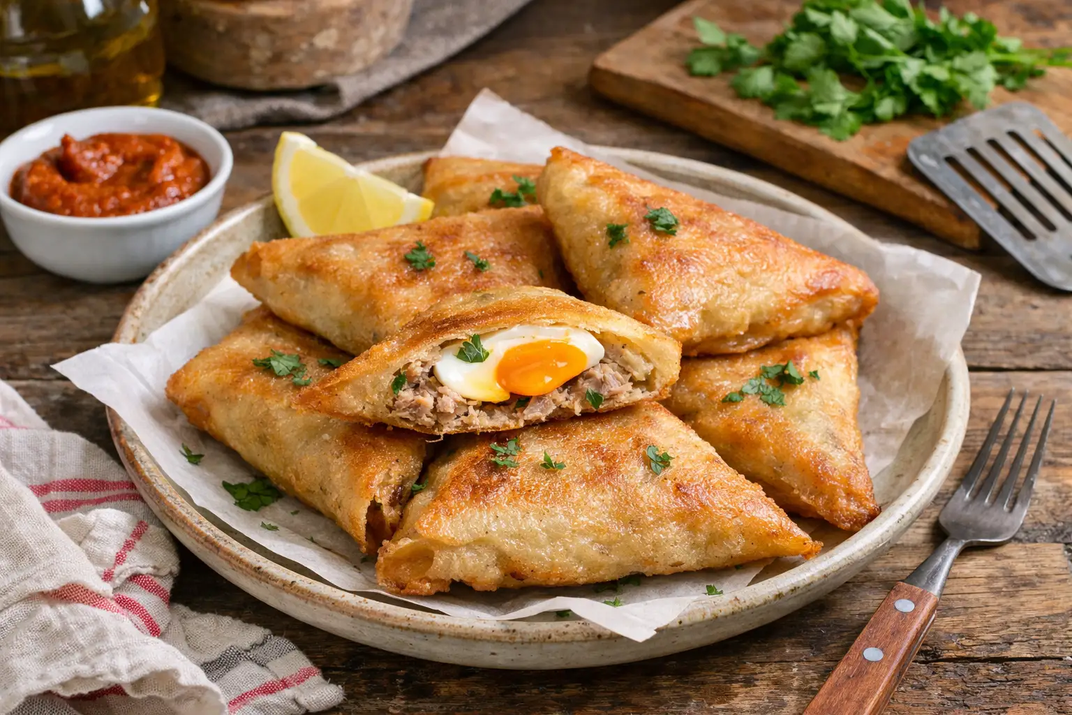 Bricks au thon et à l'oeuf croustillantes faites maison, dorées et garnies de thon et oeuf, recette maghrébine traditionnelle