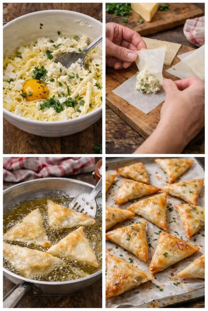 étapes pour briouates au fromage croustillantes faites maison avec feuilles de brick