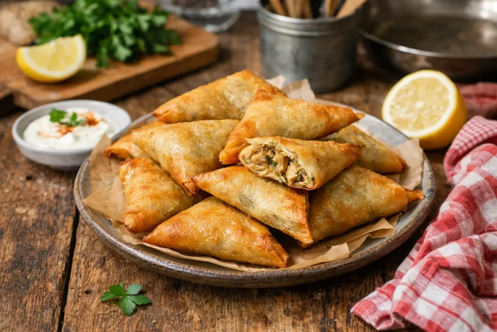 Briouates au poulet croustillantes faites maison, spécialité marocaine dorée et garnie de poulet épicé