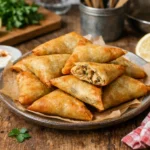 Briouates au poulet croustillantes faites maison, spécialité marocaine dorée et garnie de poulet épicé