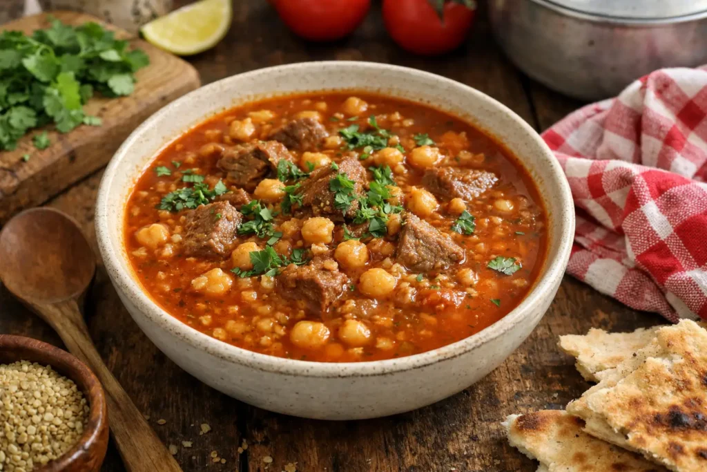 Chorba frik traditionnelle algérienne servie dans un bol, soupe au frik et à la viande