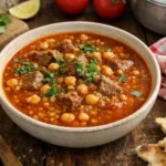 Chorba frik traditionnelle algérienne servie dans un bol, soupe au frik et à la viande