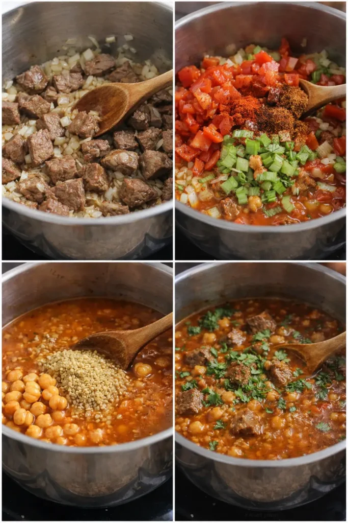 Les étapes pour chorba frik traditionnelle algérienne servie dans un bol, soupe au frik et à la viande