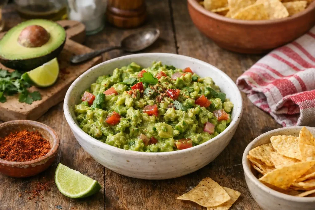 Bol de guacamole maison facile a base d'avocat, citron vert et epices, recette de guacamole mexicain authentique pour aperitif.