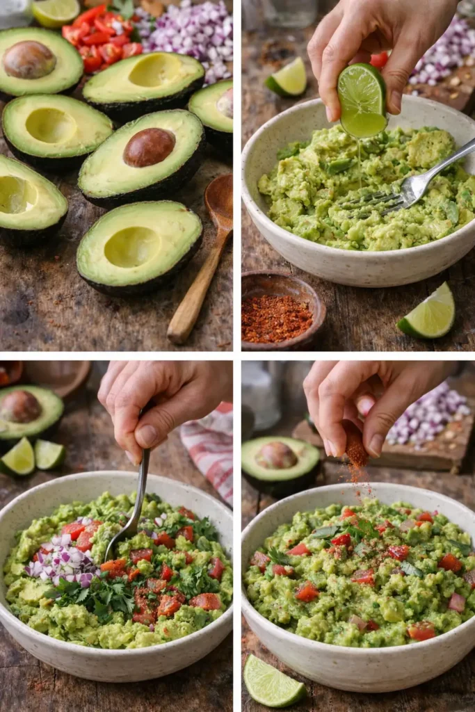 les étapes pour bol de guacamole maison facile a base d'avocat, citron vert et epices