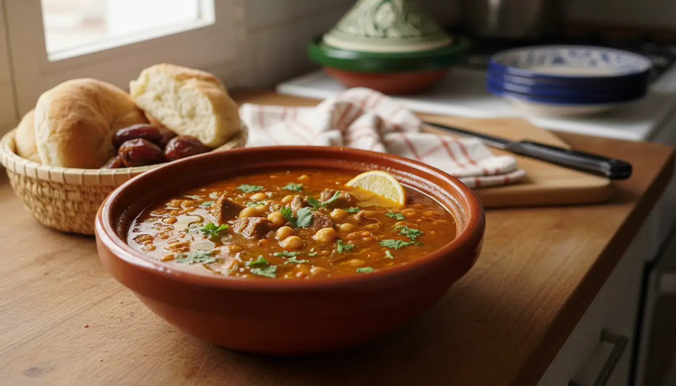 Harira marocaine recette traditionnelle maison dans un bol avec herbes fraîches