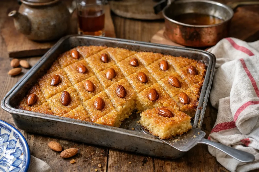 Kalb el louz traditionnel a la semoule et aux amandes, gâteau algérien imbibé de sirop a la fleur d'oranger