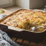 Lasagne au poulet crémeuse cuite au four dans un plat en céramique