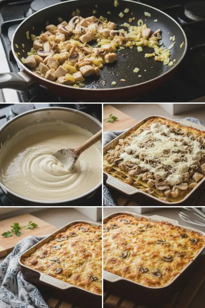 étapes pour lasagnes au poulet fondantes avec fromage gratiné