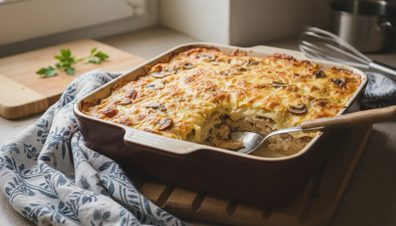 Lasagne au poulet crémeuse cuite au four dans un plat en céramique