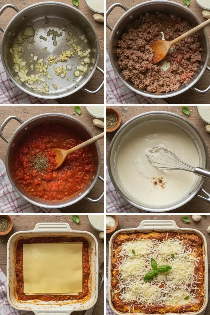 etapes pour lasagne bolognaise maison gratinée avec sauce bolognaise et béchamel