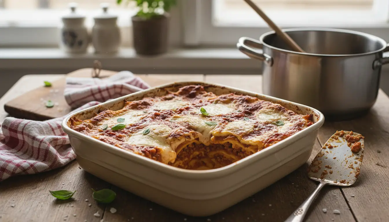 Lasagne bolognaise maison gratinée avec sauce bolognaise et béchamel