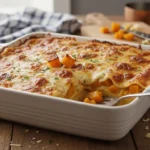 Lasagnes au butternut gratinées avec fromage fondant dans un plat