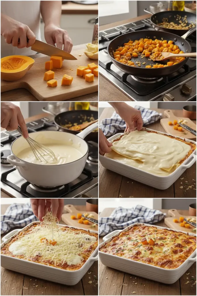 etapes pour lasagne maison au butternut avec couches crémeuses et fromage doré