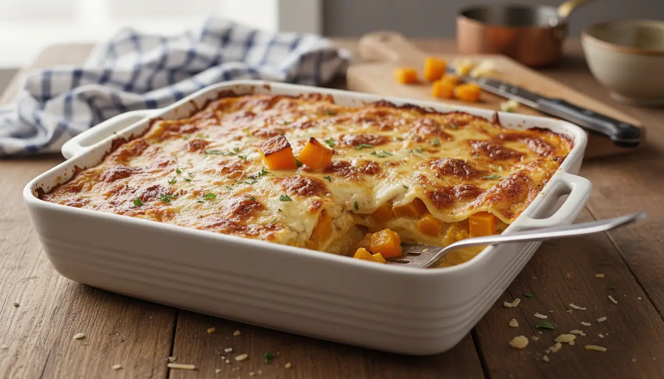 Lasagnes au butternut gratinées avec fromage fondant dans un plat