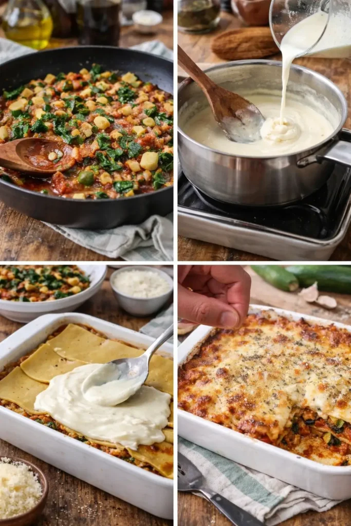 etapes pour lasagne végétarienne maison gratinée aux légumes, courgettes, aubergines et béchamel, cuite au four