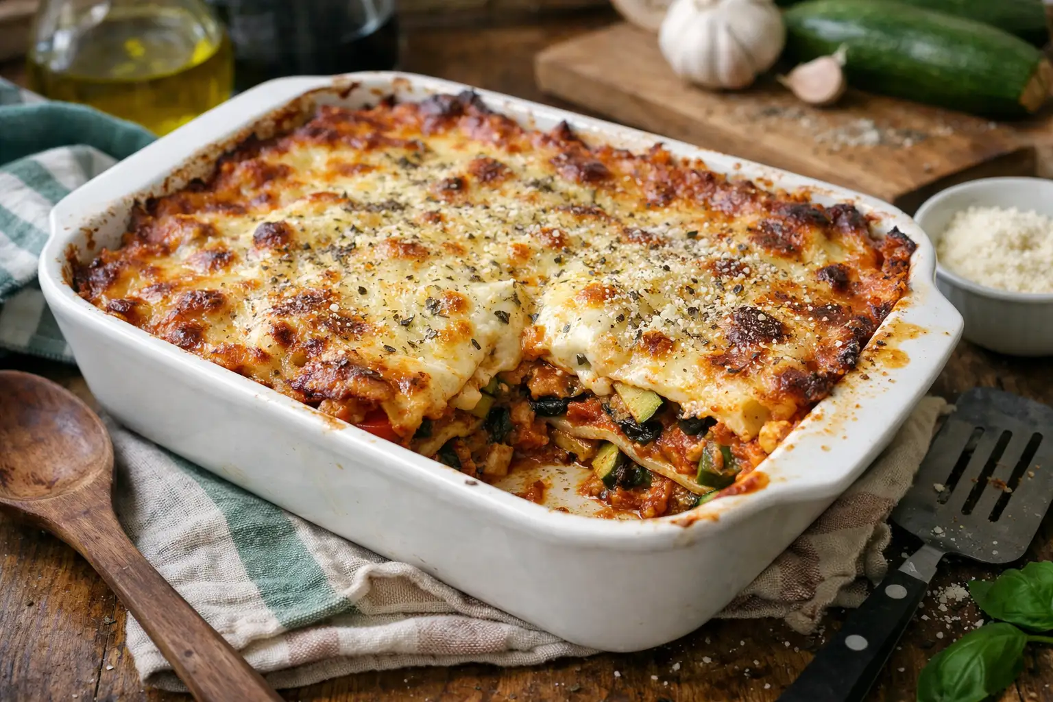 Lasagne végétarienne maison gratinée aux légumes, courgettes, aubergines et béchamel, cuite au four