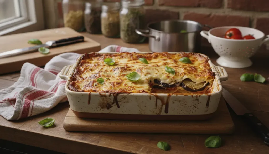 Lasagnes aux aubergines gratinées maison dans un plat en céramique