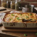 Lasagnes aux aubergines gratinées maison dans un plat en céramique