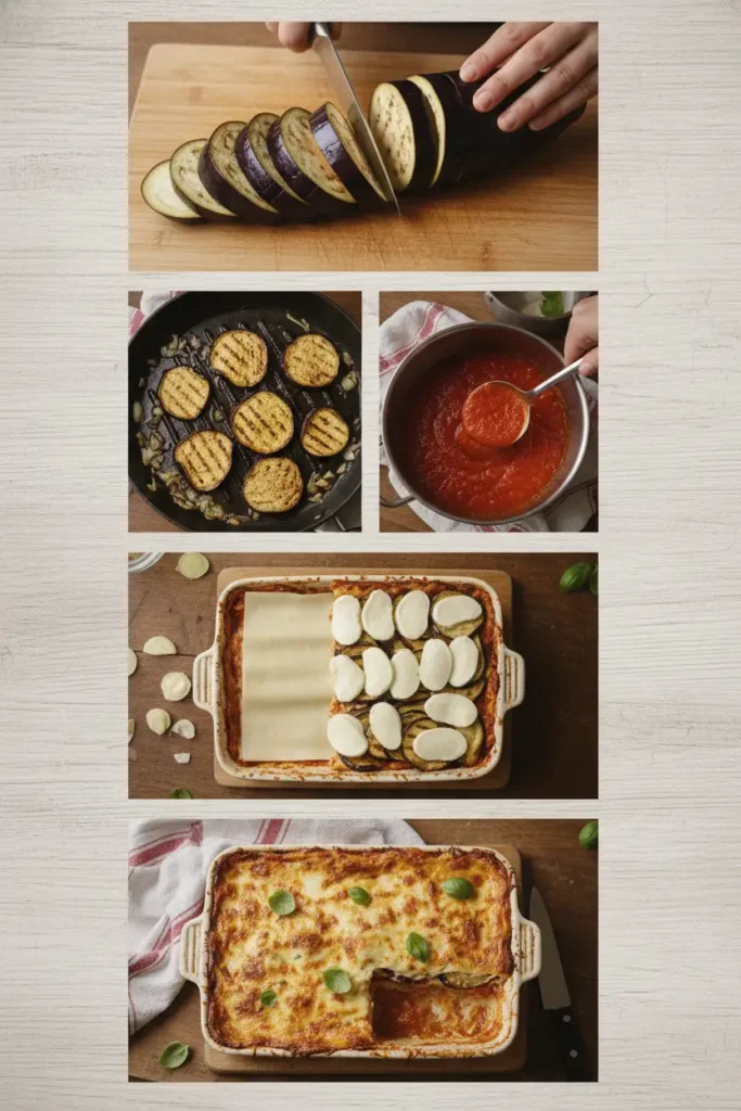 Les étapes pour plat de lasagnes aux aubergines dorées au four
