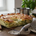 Lasagnes aux courgettes maison gratinées au fromage dans un plat en verre