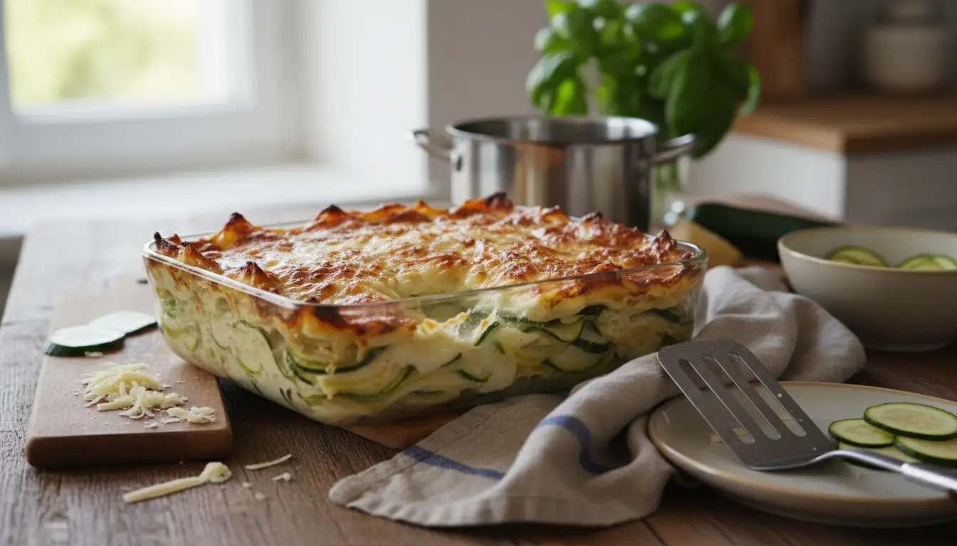 Lasagnes aux courgettes maison gratinées au fromage dans un plat en verre