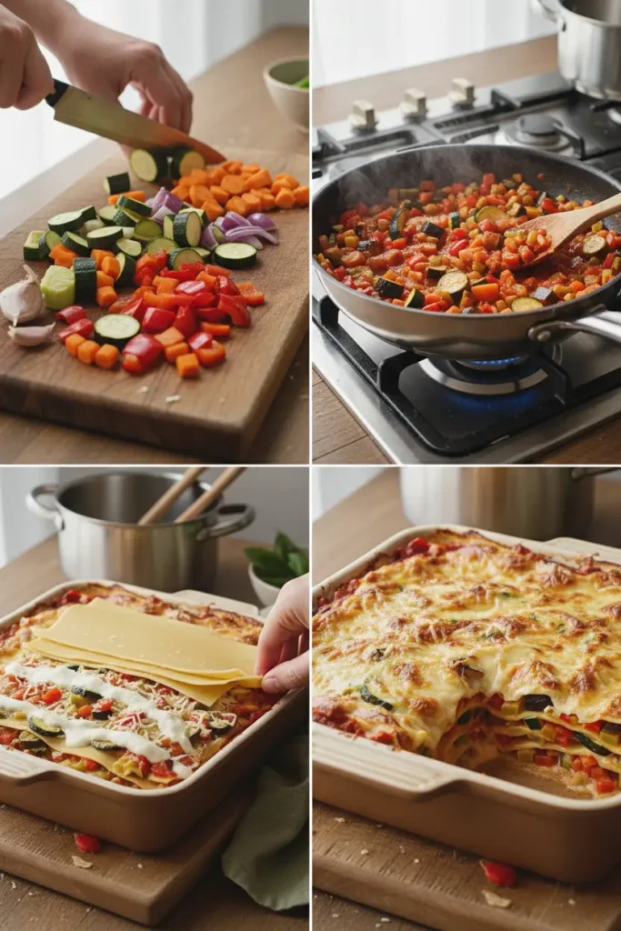 les etapes pour plat de lasagnes aux légumes végétariennes dorées au four