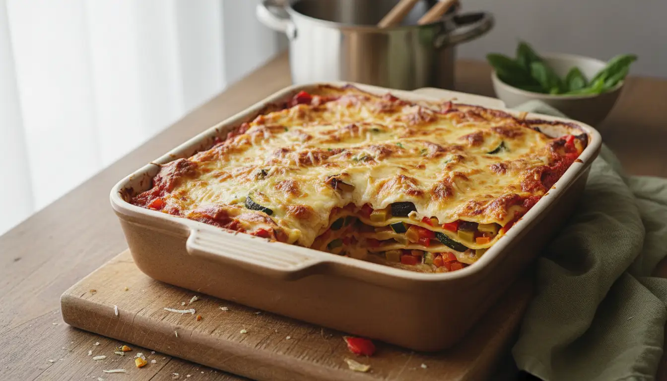 Lasagnes aux légumes gratinées maison avec courgettes, poivrons et fromage fondu